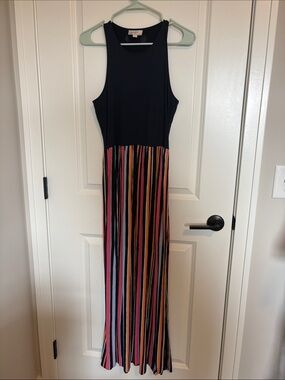 LOFT Black Tank Top Maxi Dress with Multicolor Vertical Stripes